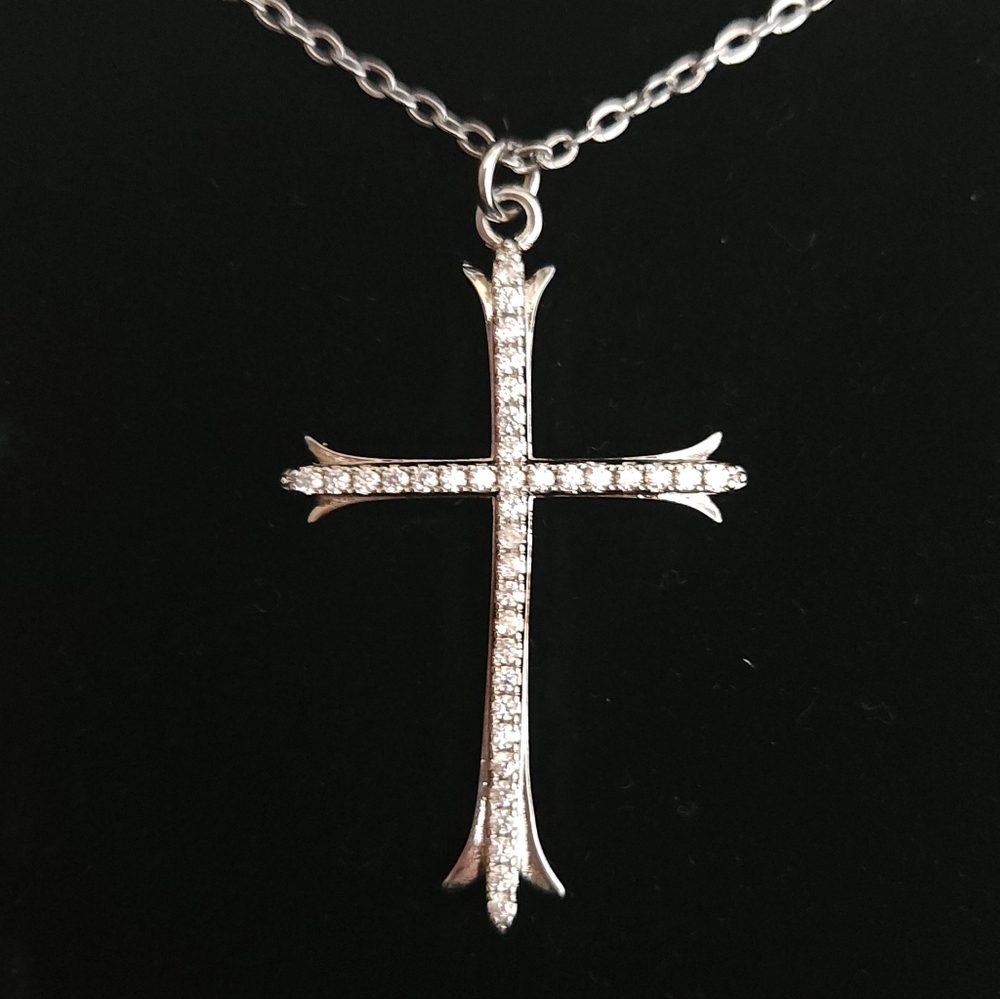 Silver Cross Necklace with Crystals